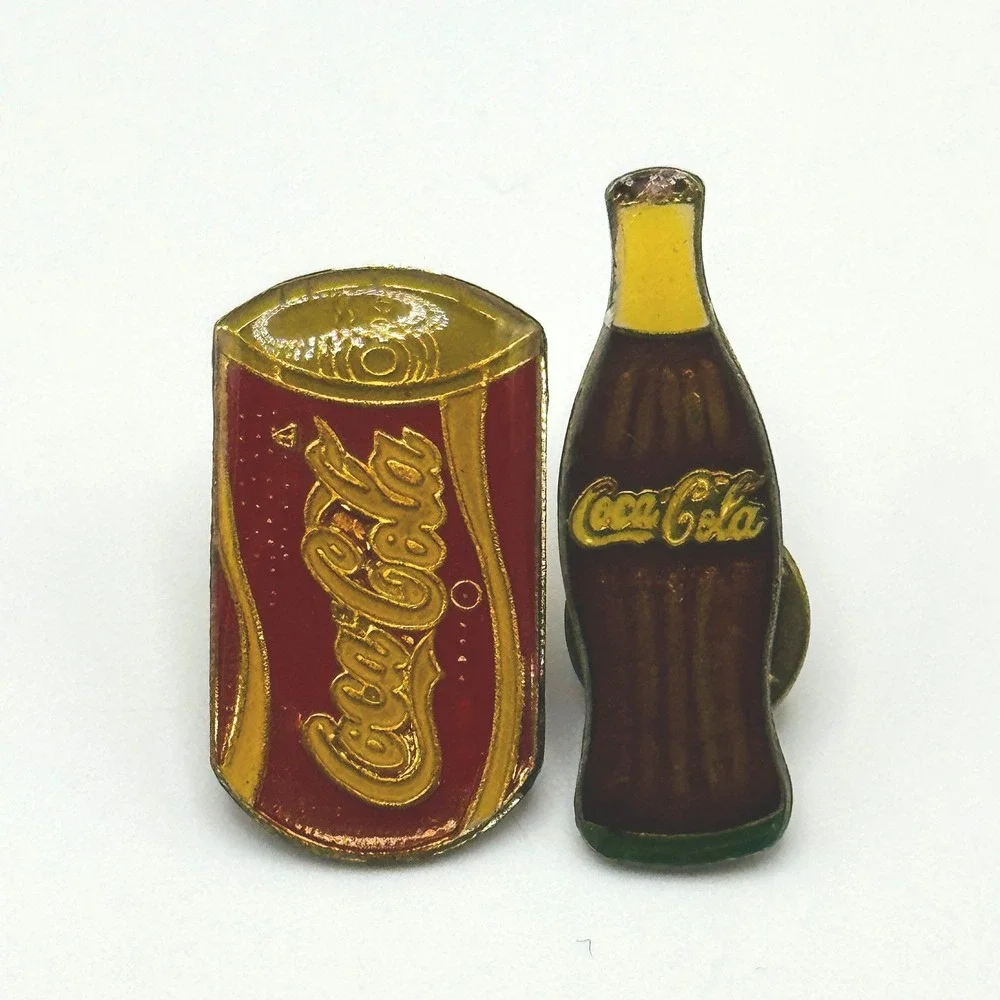 Vintage Coca-Cola Enamel Pin Set Soda Can and Glass‎ Bottle Gold Tone Red Yellow
